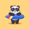 Cartoon panda holding surfboard, Cute cartoon panda at summer party, vector cartoon illustration Royalty Free Stock Photo