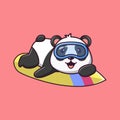 Cartoon panda lying on the surfboard, Cute cartoon panda at summer party, vector cartoon illustration Royalty Free Stock Photo