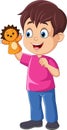 Cartoon little boy playing lion puppet Royalty Free Stock Photo