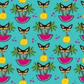 Tropical seamless pattern, with funny cartoon chihuahua dog and watermelon, lemon slice, cherry and island. Royalty Free Stock Photo