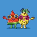 Cute cartoon watermelon and pineapple embracing each other, cartoon watermelon and pineapple in summer holiday, Vector cartoon ill