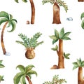 Seamless texture with watercolor palm trees and stones