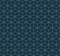 Art deco line art. Cube grid pattern in gold and blue color. Decorative seamless background.