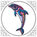 Colorful of dolphin zentangle arts, isolated on black background