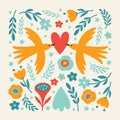 Illustration with two birds, heart and flowers. Concept of peace and love