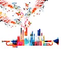 Colorful musical poster with trumpet and piano keyboard isolated vector illustration. Live concert events, music festivals and sh Royalty Free Stock Photo