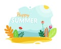 Happy Summer banner on blue bubble with bright leaves and floral illustration