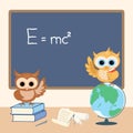 Two cute owlets sit on a globe and books near the blackboard and study physics with curiosity.