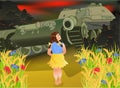 Stop War card, little girl stops a military tank