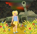 Stop War card, little girl with teddy bear stops a military tank