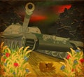 Stop War background, teddy bear stops a military tank,