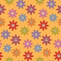 Colorful retro flowers pattern with smiley faces on yellow background.