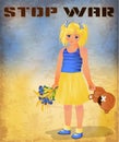 Stop War card, little Ukrainian girl with flowers and teddy bear