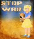 Stop War background, little Ukrainian girl with teddy bear