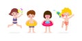 Set Of Cute Kids cartoon Pool party characters, Multiracial children wearing swimming suits and rings, water gun have fun in pool