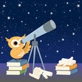 Little owlet astronomer discovers planets and constellations observing in telescope. Royalty Free Stock Photo
