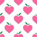 Pink heart shaped apple with green leaves isolated on white background is in Seamless pattern Royalty Free Stock Photo