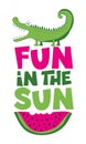 Fun in the sun - funny alligator or crocodile with watermelon slice.
