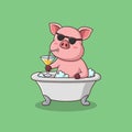 Cartoon pig soaking in the tub and enjoying drink