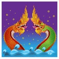 Vector illustration, two serpents, in the water, backlit