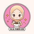 Cute moslem girl eat halal ramen noodles food hand drawn cartoon art illustration