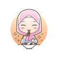 Cute moslem girl eat halal ramen noodles food hand drawn cartoon art illustration