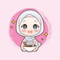 Cute moslem girl eat halal ramen noodles food hand drawn cartoon art illustration