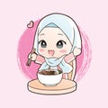 Cute moslem girl eat halal ramen noodles food hand drawn cartoon art illustration