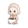 Cute moslem girl eat halal ramen noodles food hand drawn cartoon art illustration