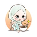 Cute moslem girl eat halal ramen noodles food hand drawn cartoon art illustration