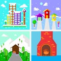 colletion of winter building illustration. town, house, forest and fireplace. with flat, colorful and cheerful style