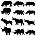 Set Of rhinoceros silhouette in different poses cartoon animal design flat vector illustration isolated on white background
