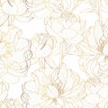 Peony flower seamless pattern. Hand drawn engraved floral background with botanical rose, peony. Golden line sketch. Royalty Free Stock Photo