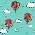 Vector illustration of colorful balloons, clouds and birds on a blue sky Royalty Free Stock Photo