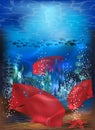 Underwater card with red tropical Blood parrot fish, vector Royalty Free Stock Photo