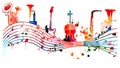 Colorful musical instruments bundle with musical notes isolated vector illustration. Instruments collection poster for live concer Royalty Free Stock Photo