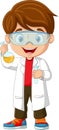 Cartoon boy scientist holding a flask and test tube