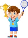 Little boy holding gold medal and tennis trophy