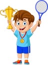 Little boy holding gold medal and tennis trophy Royalty Free Stock Photo