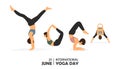 Young woman in handstand , bowl, scorpion, wide legged forward bend combined with word YOGA. Girl in yoga pose or asana posture.