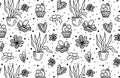 Black and white flowers and hearts in doodle style. Seamless vector doodle pattern hand-drawn in black and white. Royalty Free Stock Photo