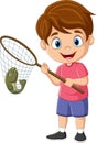 Cartoon little boy catching fish with net Royalty Free Stock Photo