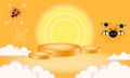 orange cylinder podium with cloud, spider and bat. 3d, color, elegant and modern style