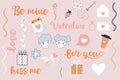 Valentine\'s Day stickers set. February 14. Romantic lettering and vector illustrations.