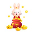 2023 Chinese new year, little rabbit and bag of gold,  year of the rabbit zodiac of Animal lucks, gong xi fa cai, Cartoon vector Royalty Free Stock Photo