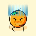 cute orange character with leaf, cool expression, sit down and intimidation Royalty Free Stock Photo