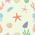 Seamless pattern with underwater elements, seashells, seaweed, corals and fish