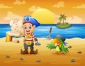 Cute a pirate and parrot search for treasure with maps Royalty Free Stock Photo