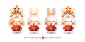 Four little rabbit holding bag of gold chinese new year 2023 year of the rabbit zodiac, gong xi fa cai Cartoon isolated on white