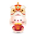 2023 Chinese new year, little rabbit with lion dance holding bag of gold, year of the rabbit zodiac of Animal lucks